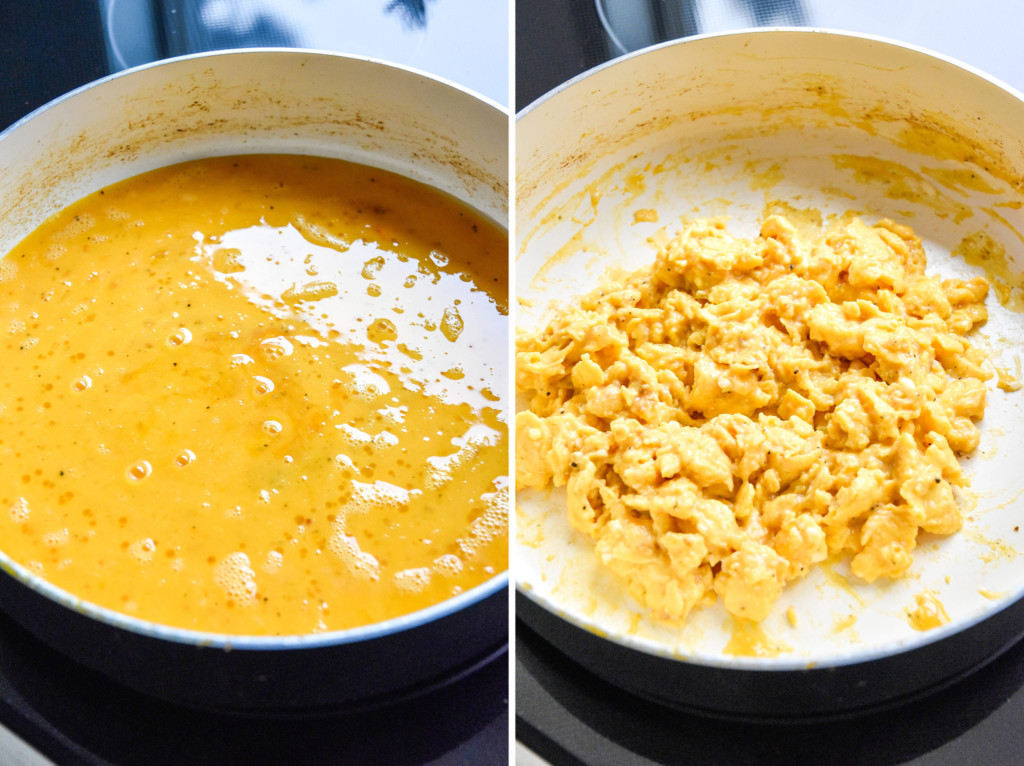 before and after cooking eggs for the breakfast burritos.