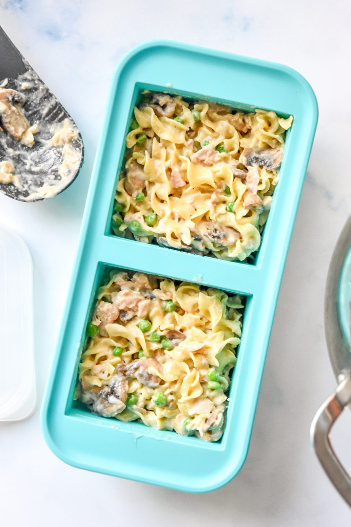 freezer-friendly tuna noodle casserole in souper cubes trays.