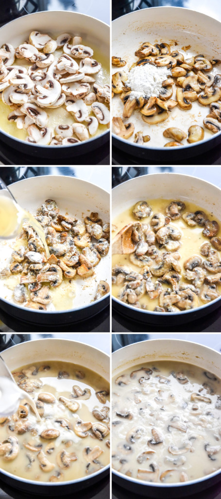 step by step of cooking the mushroom cream sauce for the freezer-friendly tuna noodle casserole.