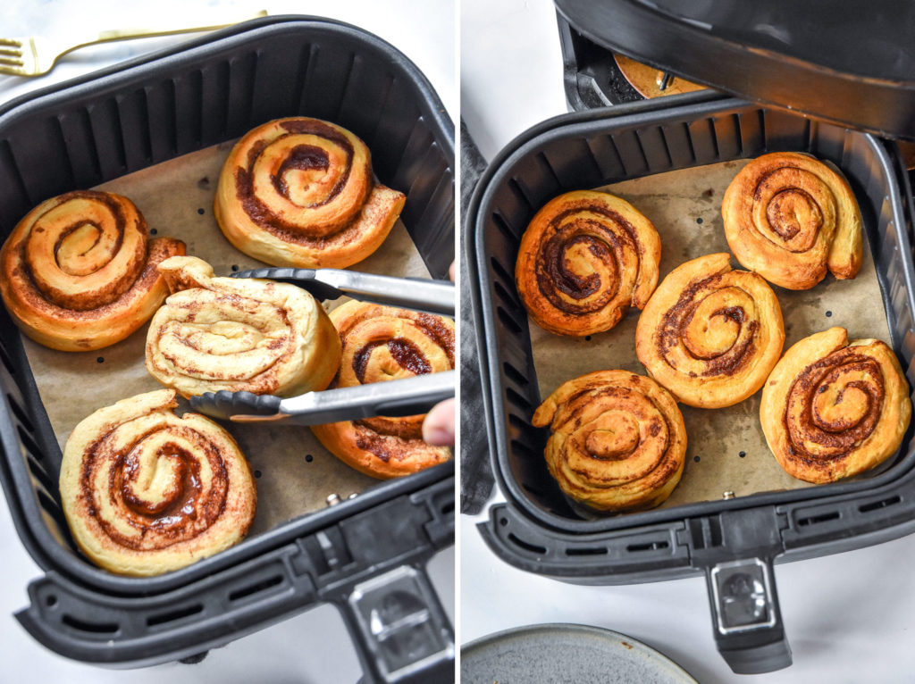 side by side photos of cooking air fryer canned cinnamon rolls in the basket and flipping halfway through.