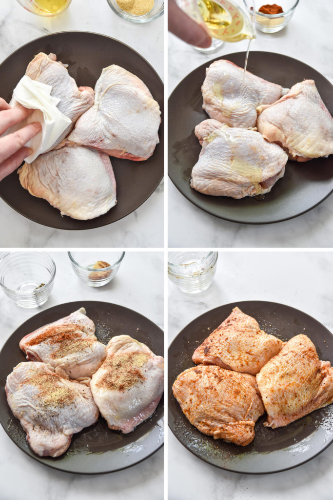 collage image of prepping the bone-in, skin-on chicken thighs before cooking in the air fryer.