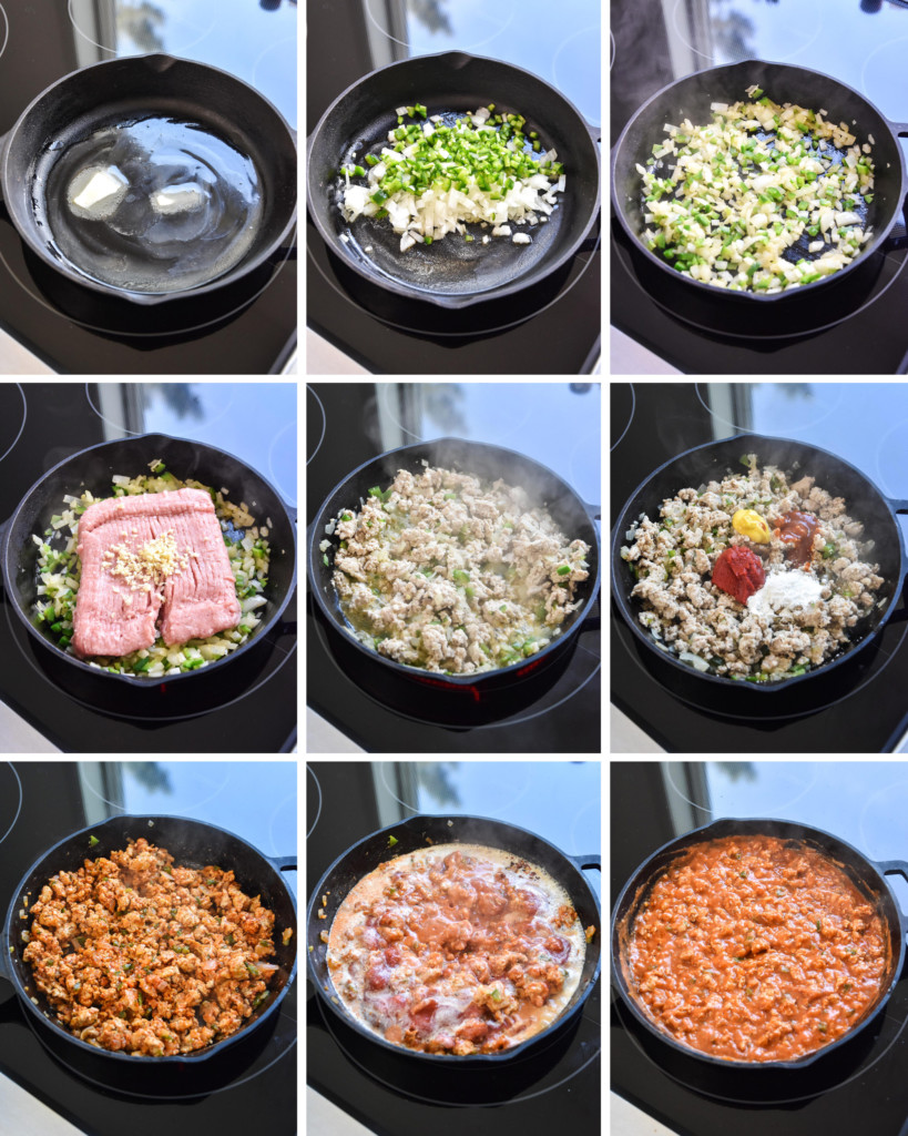 9 steps of cooking the sloppy joe mixture in a cast iron pan on the stove.