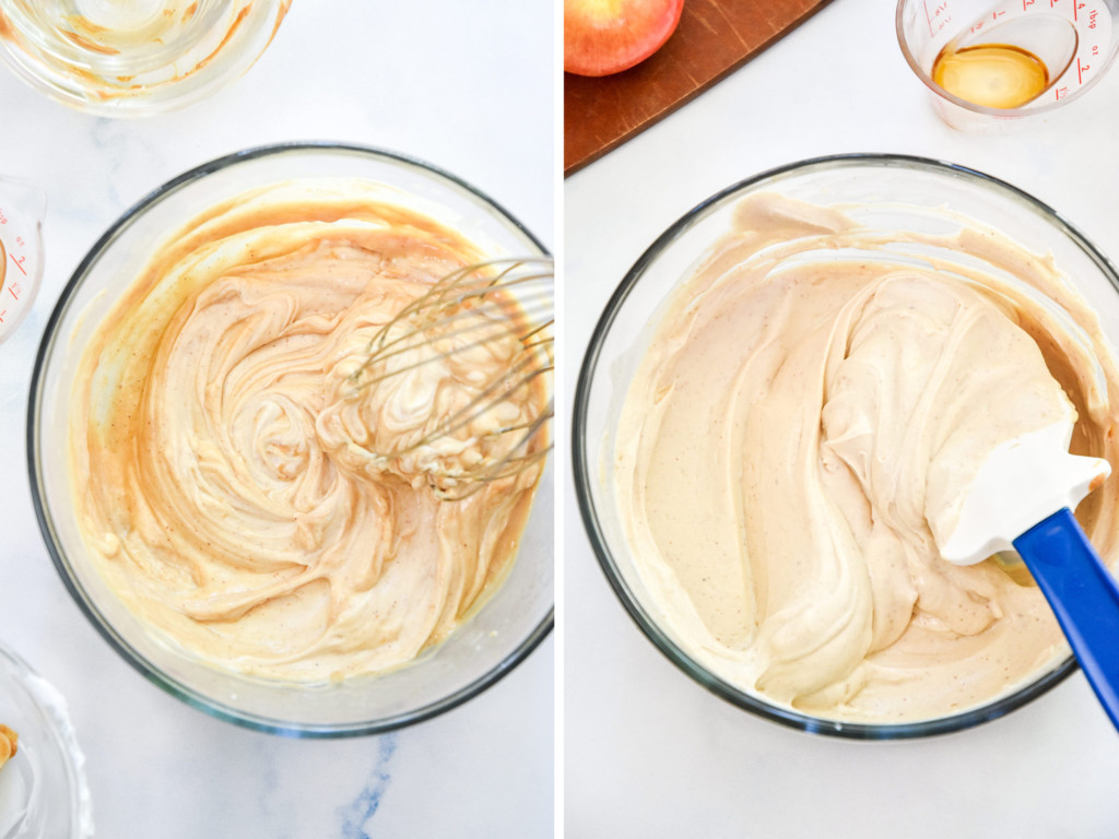 before and after mixing up the peanut butter greek yogurt fruit dip.
