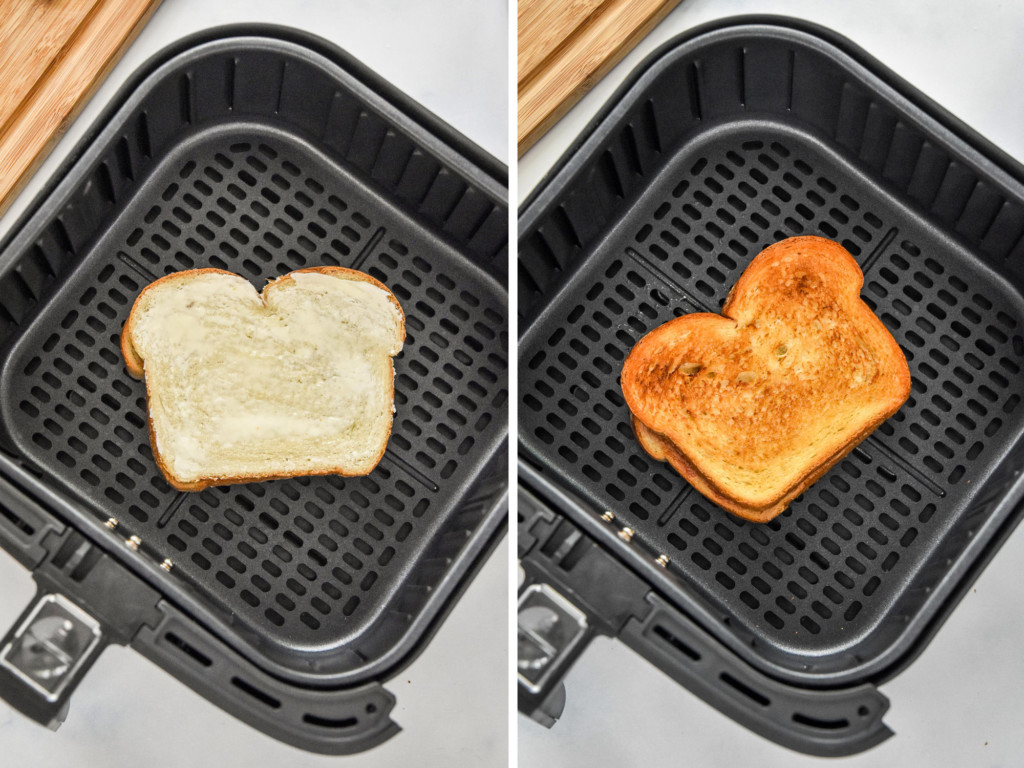 before and after of cooking the peanut butter and jelly sandwich in the air fryer.