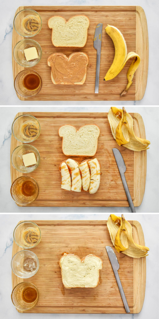 step by step of assembling the air fryer peanut butter sandwiches with banana and honey.