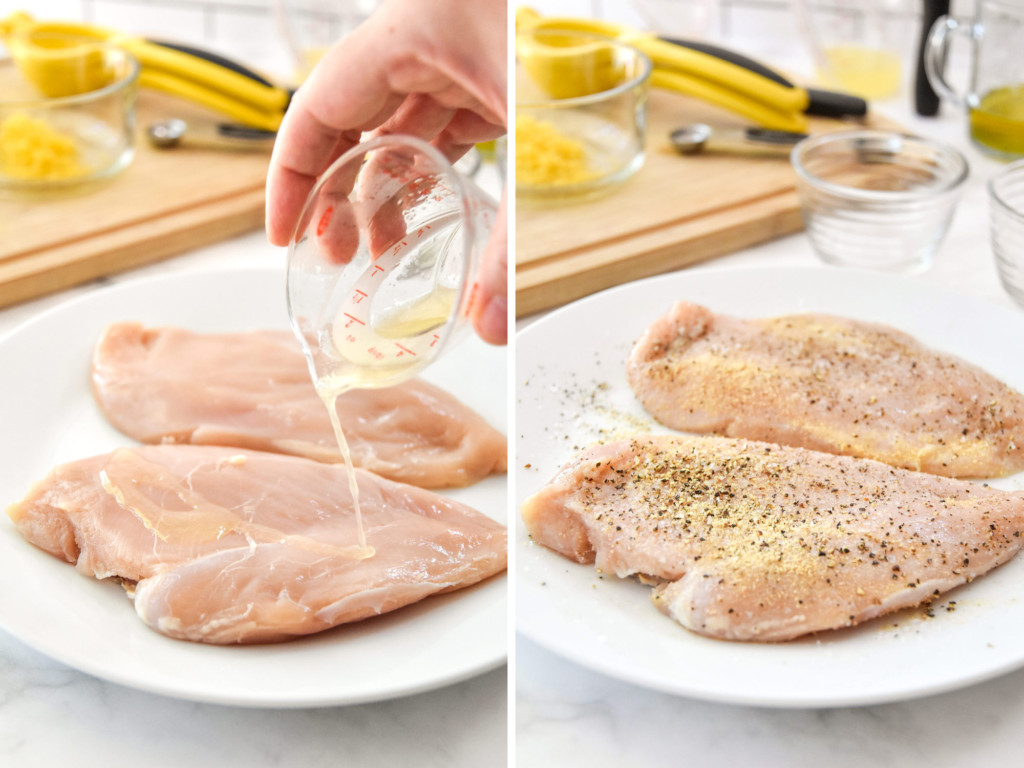oiling and seasoning the tenderized chicken breasts.