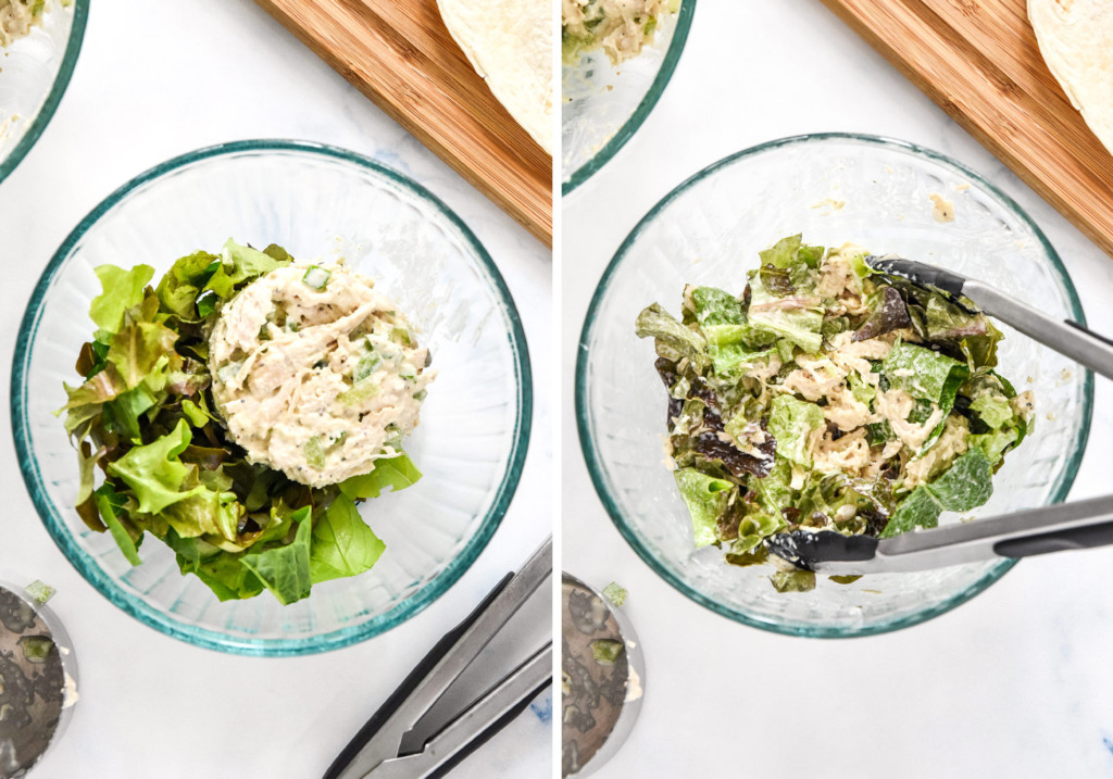 before and after of tossing greens and chicken salad together in a bowl.