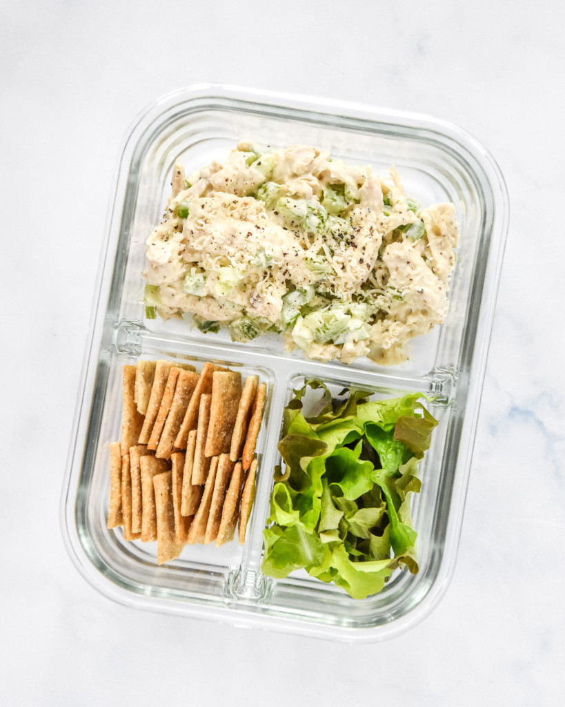 caesar chicken salad lunch wraps meal prep container.