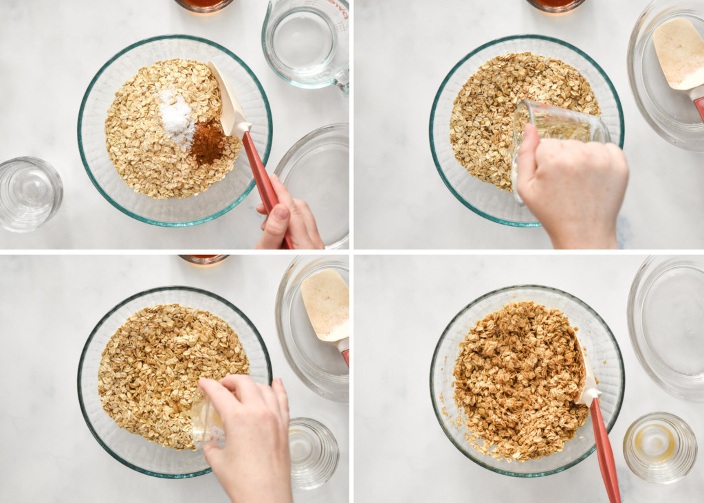 step by step of mixing all ingredients together to make the homemade granola.