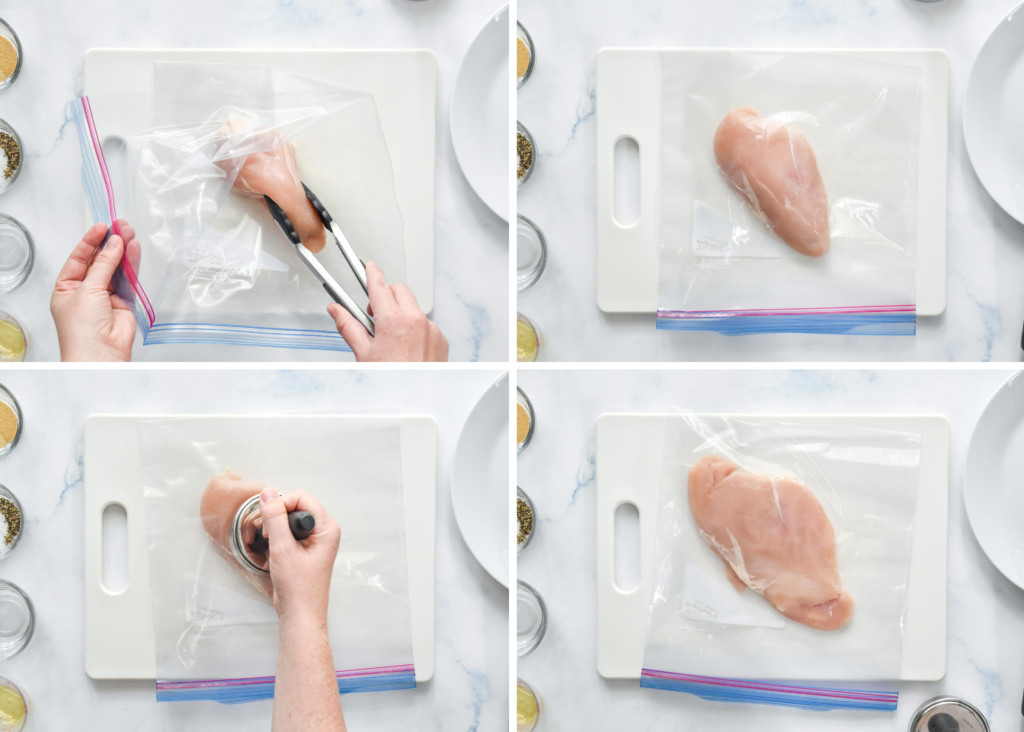 step by step of tenderizing chicken on a cutting board.