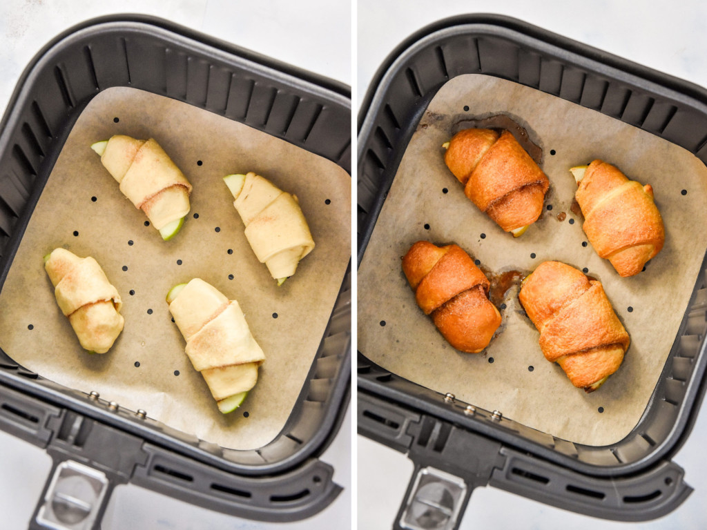 before and after cooking the air fryer apple pie crescent rolls in the air fryer.