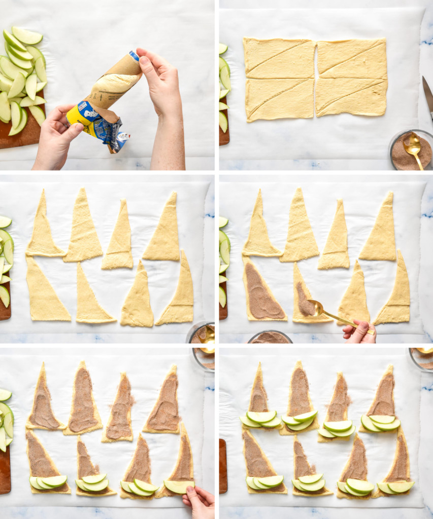 step by step of assembling the air fryer apple pie crescent rolls top down view.