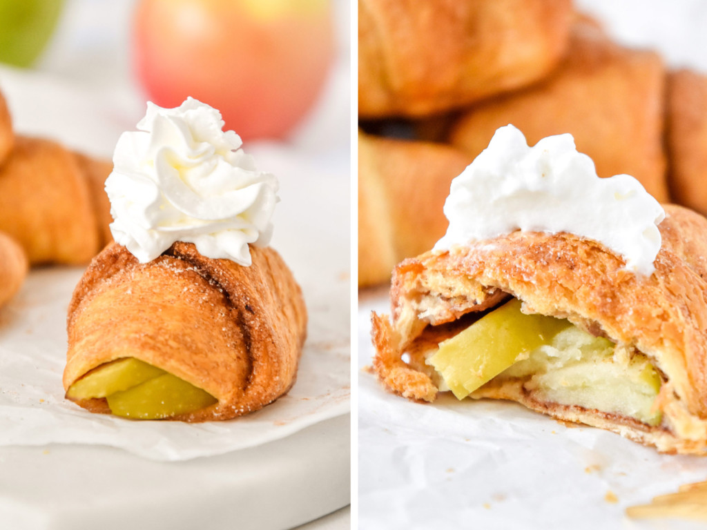 air fryer apple pie crescent roll with whipped cream on top.