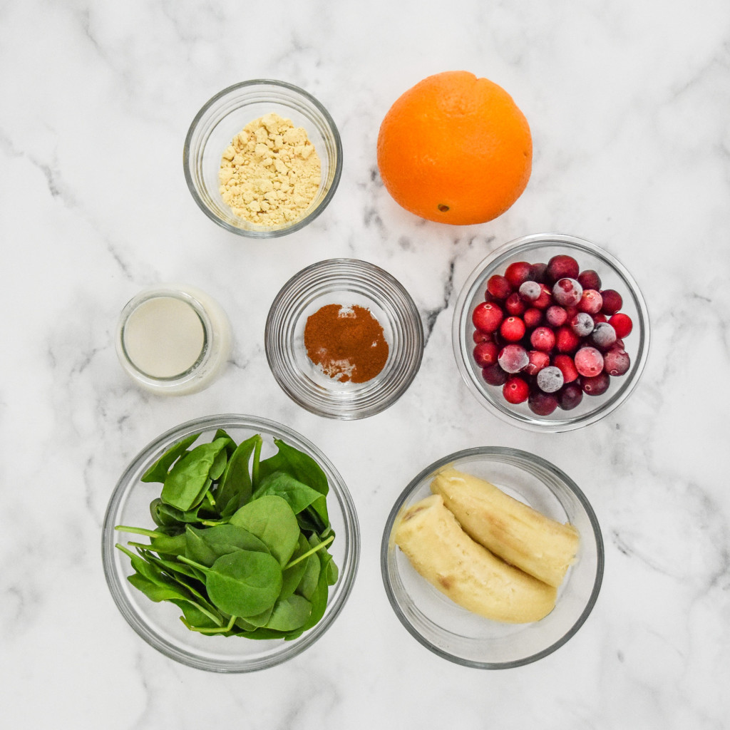 ingredients needed to make the cranberry orange cinnamon holiday smoothie.