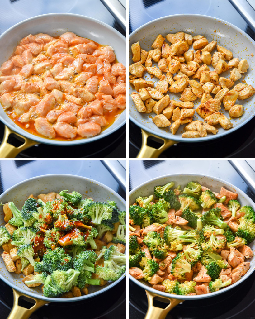 step by step of cooking the buffalo chicken and broccoli meal prep in a skillet on the stovetop.