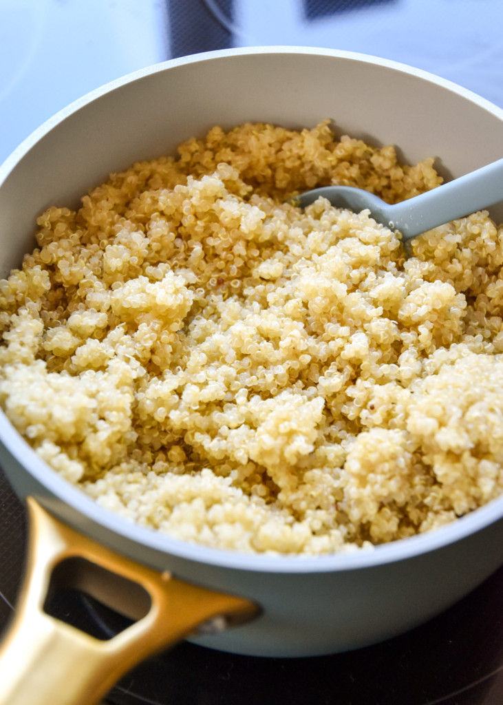 cooked quinoa in a pan made for the spring vegetable quinoa salad.