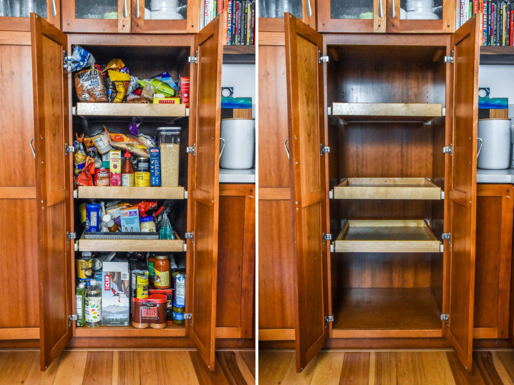 side by side of full and empty pantry.