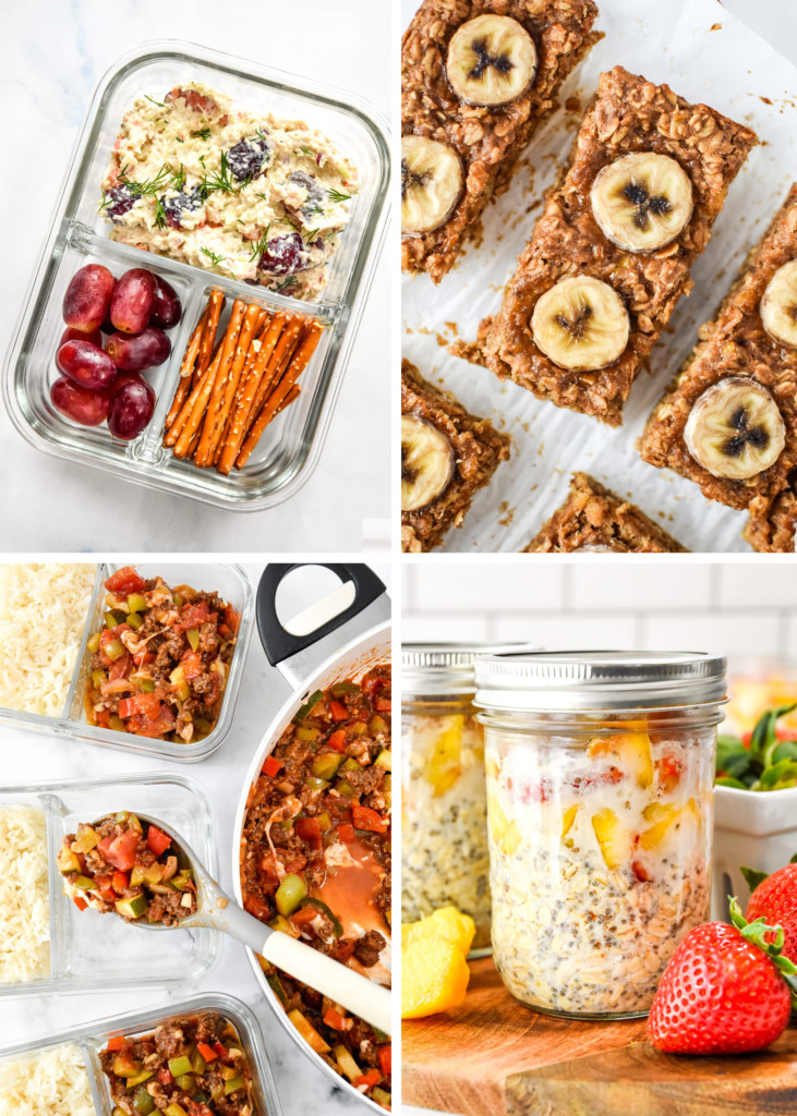 collage of make ahead meals including oatmeal and meal prep lunch.