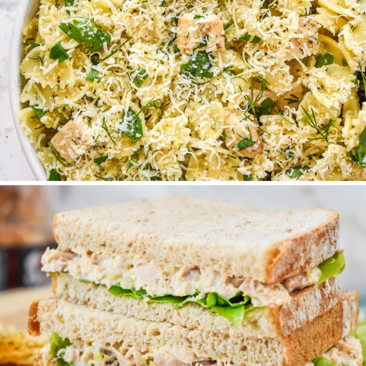 pasta salad and tuna salad sandwich.