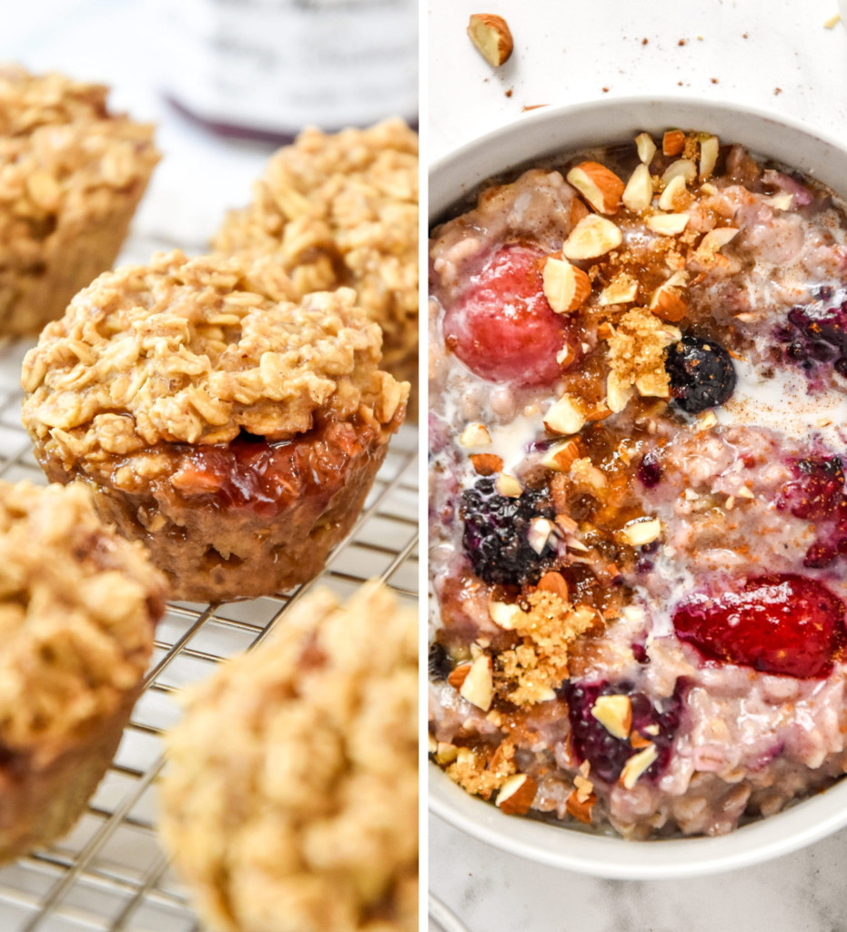 baked oatmeal pb&j cups and berry oatmeal in a bowl.