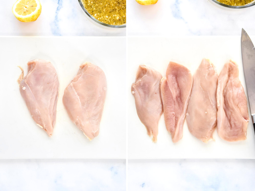 before and after cutting two boneless skinless chicken breasts in half.