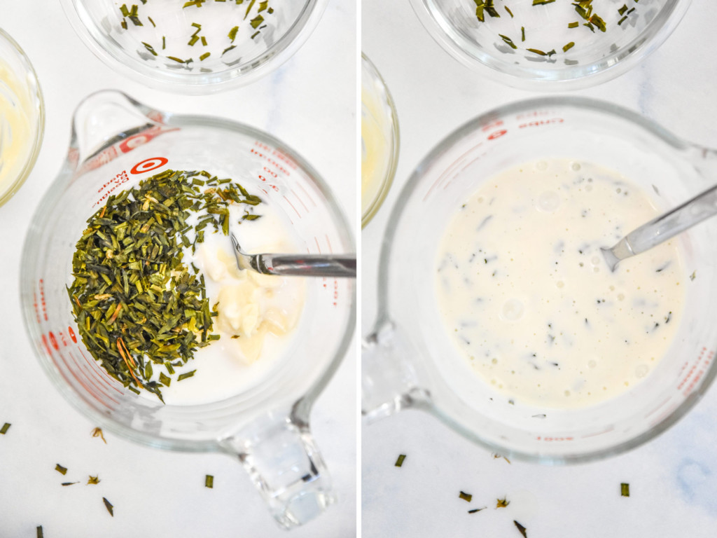 before and after mixing up the buttermilk dressing for the make-ahead chicken club pasta salad.