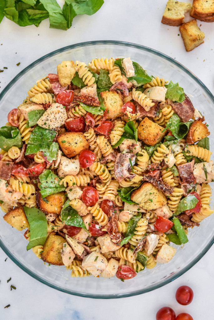 large bowl of make-ahead chicken club pasta salad from above.