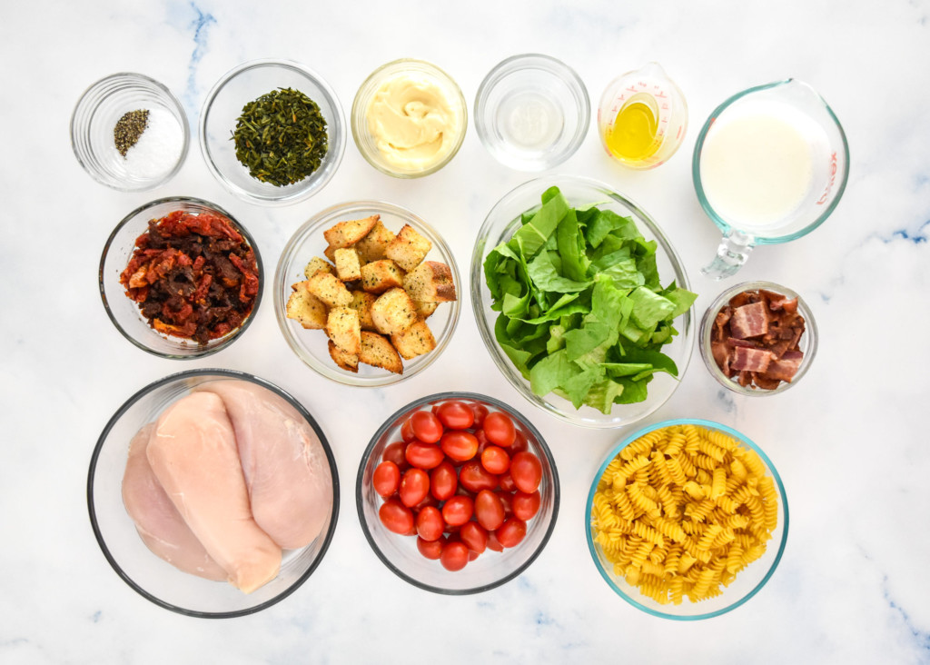 ingredients required to make the make-ahead chicken club pasta salad.