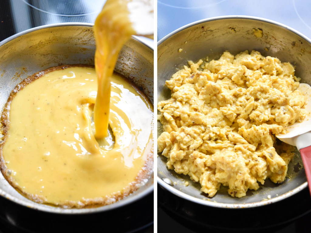 before and after cooking the scrambled eggs for the meal prep soy chorizo breakfast burritos.