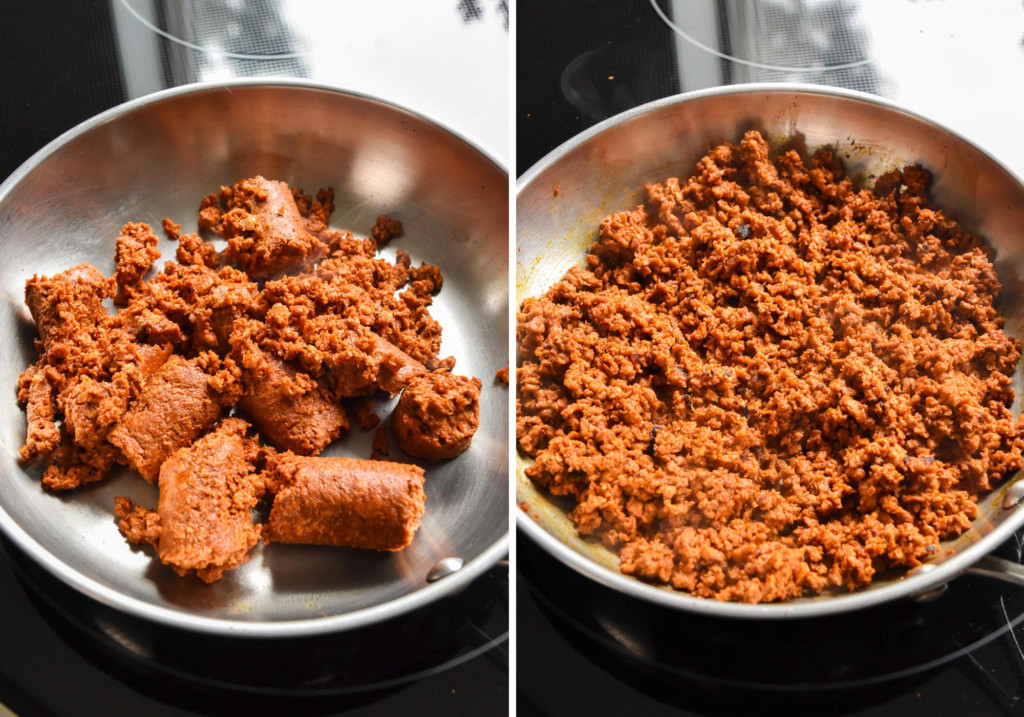 before and after cooking the soy chorizo in a skillet on the stovetop.