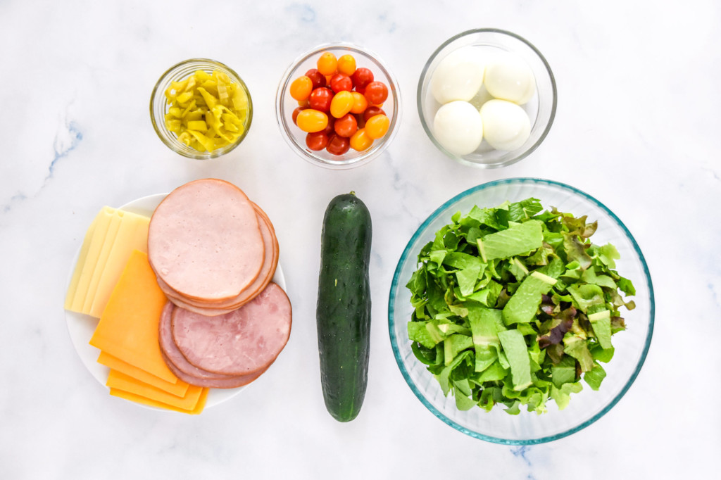 ingredients for the easy chef salad meal prep before cutting.