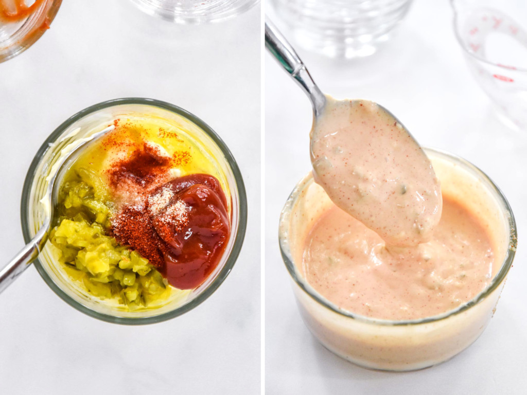 before and after mixing up the dressing for the easy chef salad meal prep.