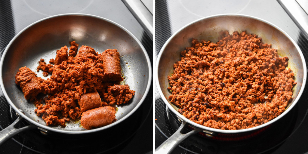 before and after cooking the soy chorizo in a skillet on the stovetop.