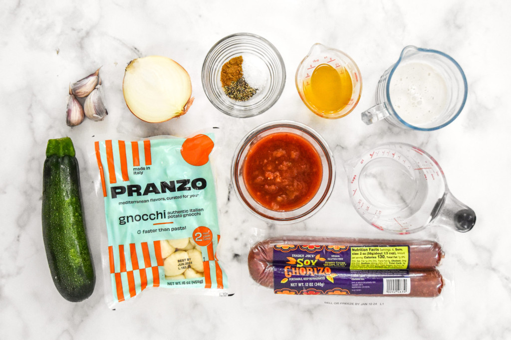 ingredients required to make the one-pan soy chorizo gnocchi skillet before starting.
