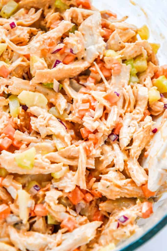 close up of easy buffalo chicken salad in a bowl.