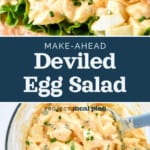 pin image with text for easy deviled egg salad recipe.