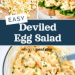 pin image with text for easy deviled egg salad recipe.