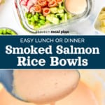 pin image with text for easy smoked salmon rice bowls.