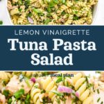 pin image with text for lemon vinaigrette tuna pasta salad.