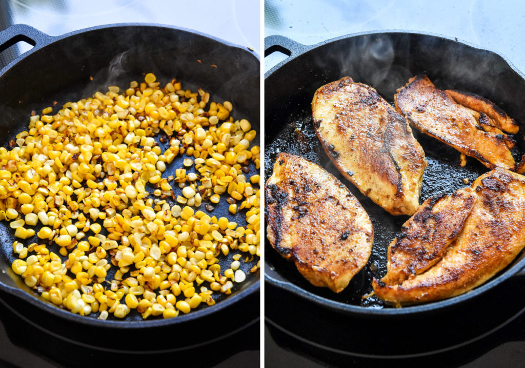 cooking corn and chicken in a cast iron skillet.