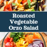 pin image with text for roasted vegetable orzo salad.