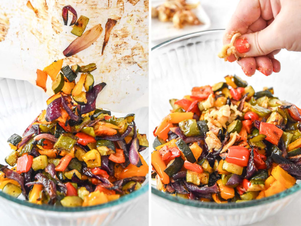 pouring roasted vegetables into a glass bowl from parchment paper.