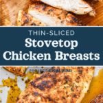 pin image with text for thin sliced stovetop chicken breasts.