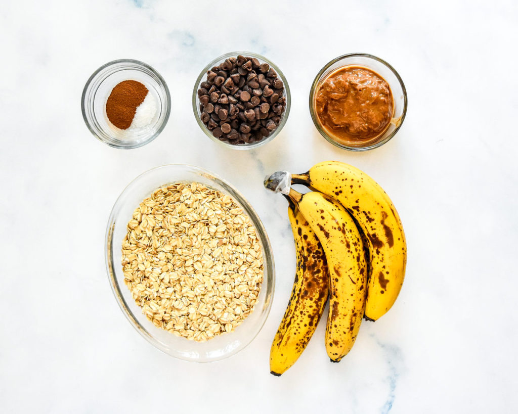 bananas, oats, chocolate chips and nut butter for the banana chocolate oatmeal mounds.