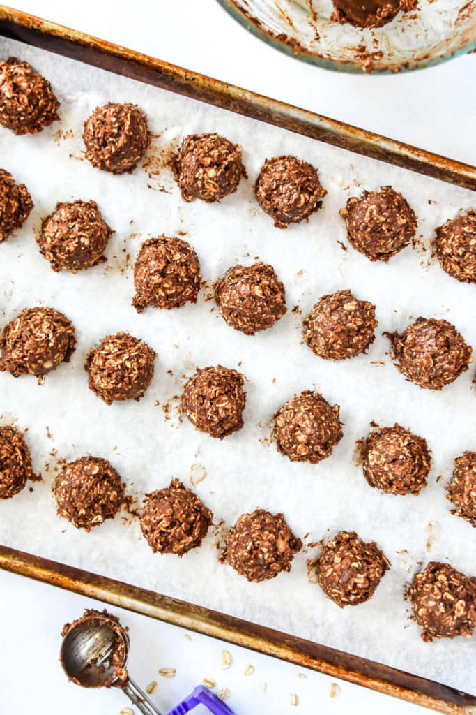 scooped mounds of banana chocolate oatmeal batter before baking.