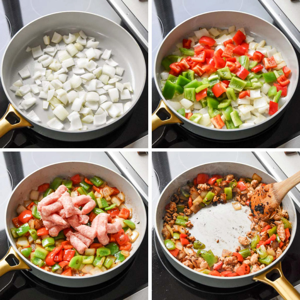 step by step of cooking the veggie and meat mixture for the breakfast bowls.