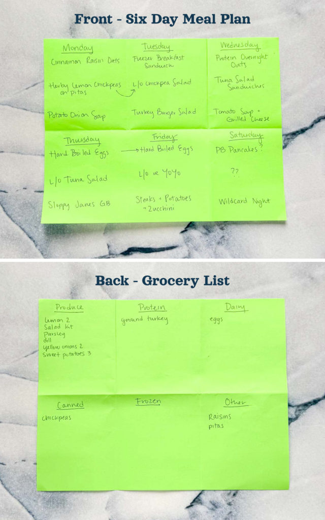 front and back of a piece of paper folded into a 6 day meal plan.