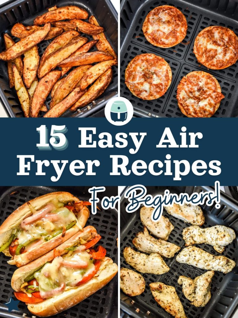 cover image with text 15 easy air fryer recipes for beginners.