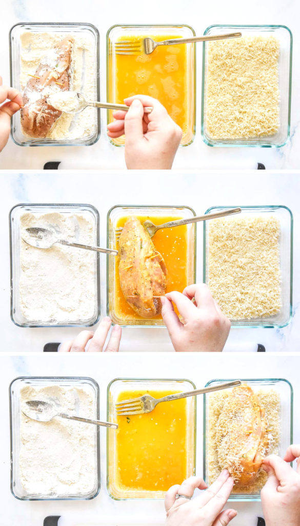 breading stations in shallow glass bowls, one egg, one flour, one breadcrumbs.