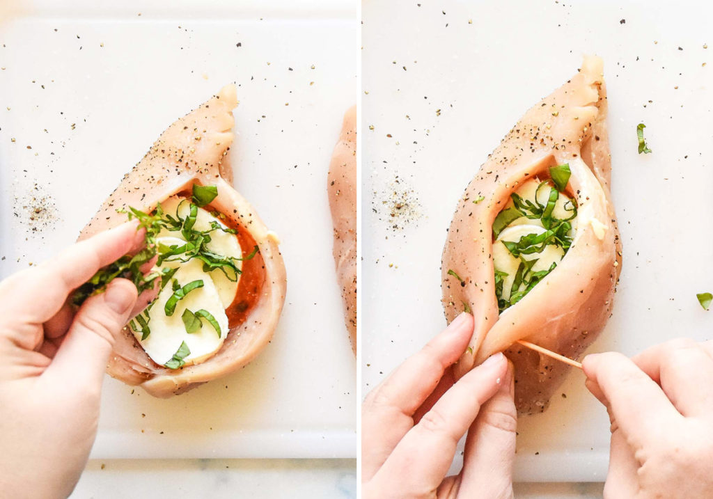 side by side of stuffing a raw chicken breast with marinara, mozzarella cheese and basil.